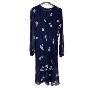 Bardot Blue Long Sleeve Floral Print Surplice Midi Dress Medium